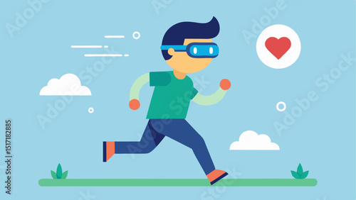 Heart Rate Overlay An individual jogging in a park with transparent glasses showing a floating heart rate icon and the current BPM beats per minute next to them.