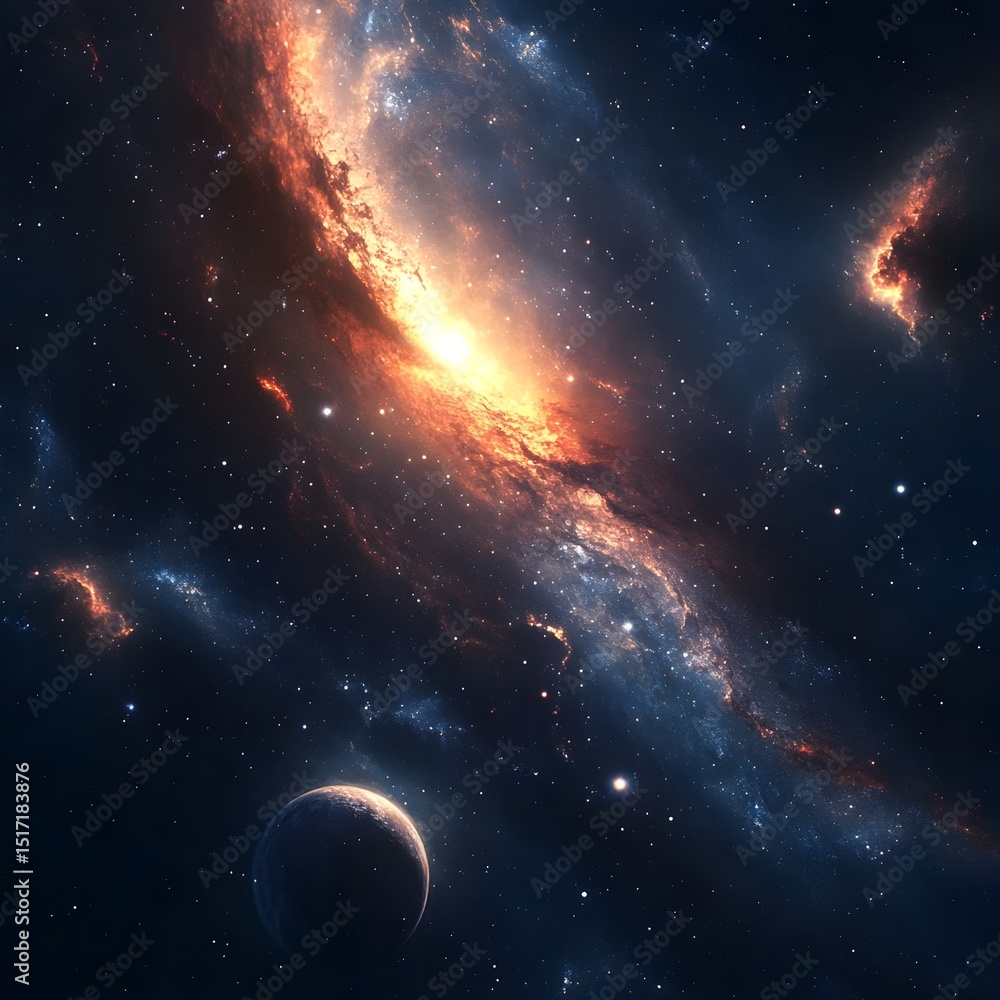 Obraz premium A Stunning Cosmic Nebula with a Planet Orbiting a Bright Star in a Dark Expansive Space