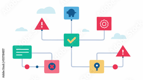AI Algorithms Visualize a flowchart of AI algorithms processing transactions branching off into legitimate and fraudulent pathways with caution signs on the latter.