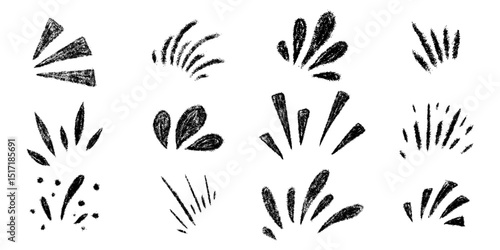 Burst ray confetti set. Chalk textured kids freehand starburst explosion Crayon hand drawn scribble shine spark. Pencil decorative emphasis exclamation collection. Sketch vector illustration isolated