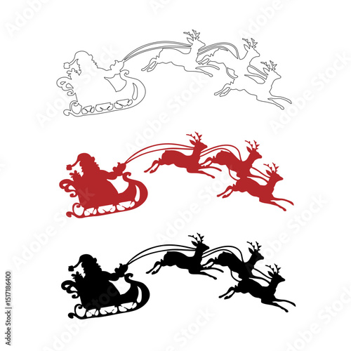 icon of Santa Claus using a reindeer carriage, line icon, black and dark red icon