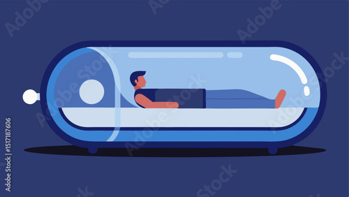 Hyperbaric Oxygen Chamber A sleek futuristic chamber with a transparent design showcasing a person reclining inside with a calm expression while oxygen bubbles rise gently around
