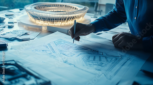Architect reviewing blueprints with a detailed stadium model in the background