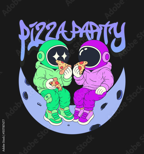 Casual Astronaut Eating Pizza on The Moon Character Illustration for Urban Streetwear T-shirt and Poster Art Design
