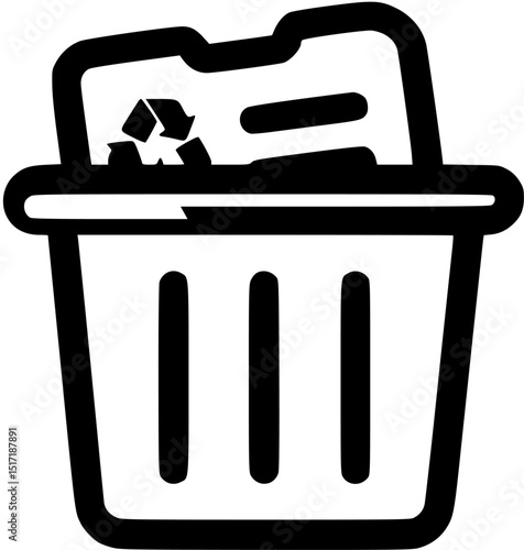 Black and white trashcan icon with document lines and recycle symbol