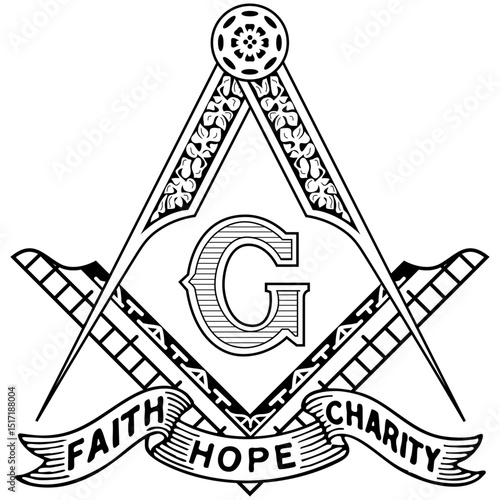 Masonic Square Compass with Faith Hope Charity Banner AI