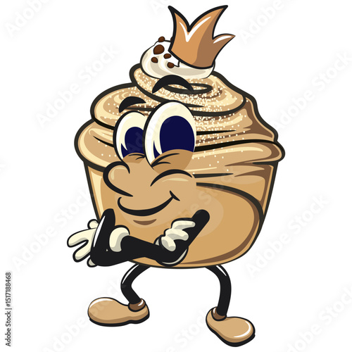 Cute cruffin cartoon mascot vector crowned like a king while folding his arms calmly, funny dessert character illustration isolated, work of hand drawn