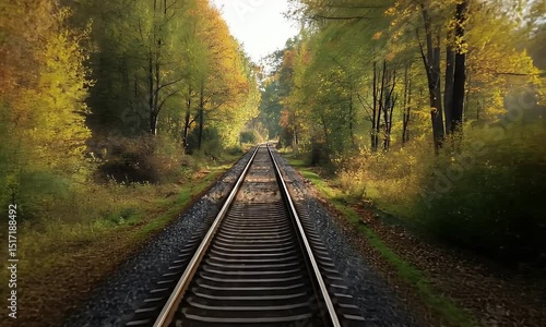 Railway Track in Forest with Golden Sunlight and Autumn Colors Leaves And Shallow Depth Of Field