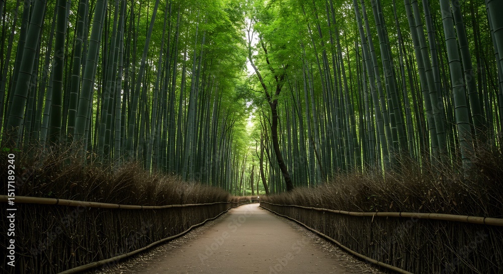 Fototapeta premium Serene path winds through lush vibrant bamboo forest bathed in soft sunlight. AI Generated