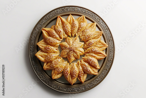 A photorealistic top-down view of a Moroccan chebakia