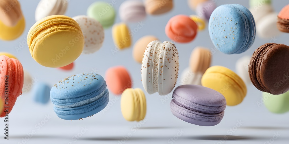 Obraz premium Colorful macarons are flying and floating in the air on a light blue background