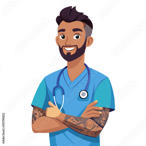 Tattooed Male Healthcare Professional Illustration Wearing Scrubs with Stethoscope, Transparent Background