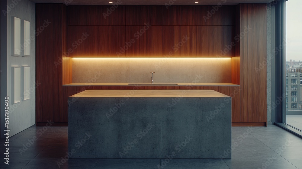 Fototapeta premium Modern, minimalist kitchen island in a contemporary space.