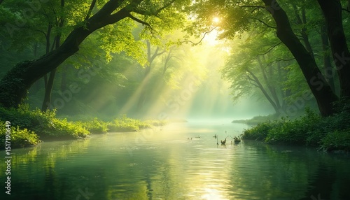 Idyllic nature scene with river. Green forest background, sunlight rays. Reflection in water, forest, tree, fresh green foliage. Eco, nature, forest, landscape, environment concept. Ideal for
