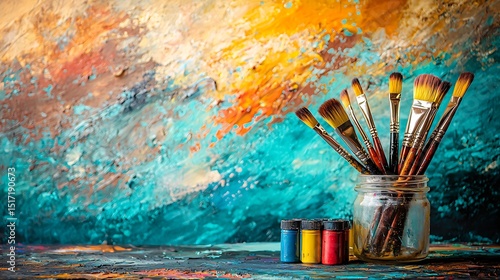 Fototapeta Naklejka Na Ścianę i Meble -  Clipart of a vibrant art studio space with an easel holding a colorful painting brushes in a jar and tubes of paint scattered around creative and inspiring