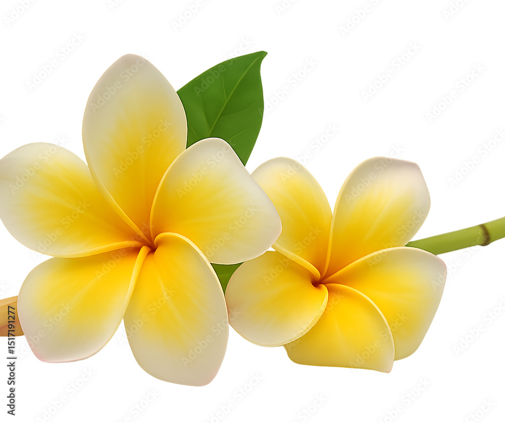 Fototapeta premium Realistic Yellow White Frangipani Plumeria Flowers with Leaf Isolated