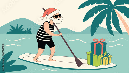 Santa Paddleboarding with Presents on Tropical Holiday