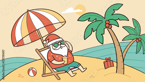 Santa's Tropical Christmas Vacation: Holiday Cartoon Illustration
