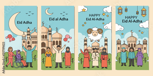 Eid al-Adha! Vector illustration to the holy Islamic holiday for poster, background or card. Drawings of a ram, a mosque, people rejoicing and a crescent