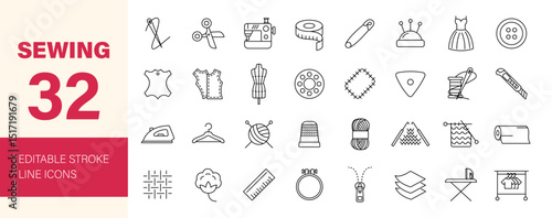 Sewing icon set. Containing needlework, knitting, stitching, fabric, sewing machine, cloth repair, thread, wool, handcraft and more. Editable line icons. Vector illustration.