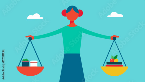 Balancing Scales The shopper holds a set of scales one side labeled Necessities and the other Luxuries trying to find balance.