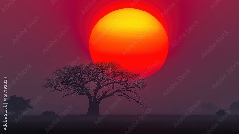 Obraz premium Retro Pixel Art of African Sunset Landscape with Tree Silhouette Under Vibrant Sky