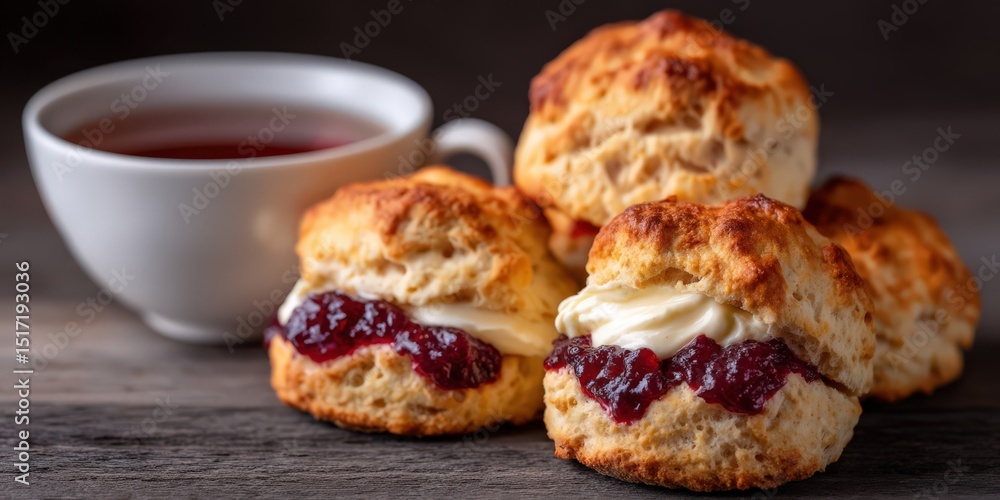 Flaky scones filled with delicious cream and rich berry jam served beside a warm cup of steaming tea on rustic wooden table celebrating traditional afternoon tea culture Flaky scones filled with delicious cream and rich berry jam served beside a warm cup of steaming tea on rustic wooden table celebrating traditional afternoon tea culture
