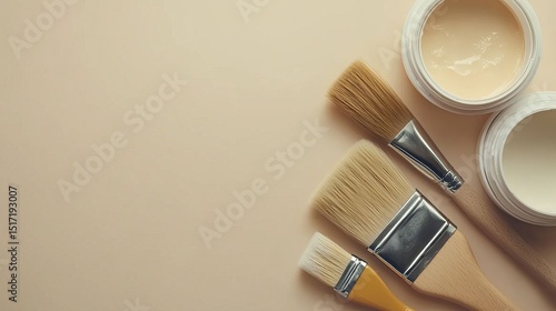 Paint Brushes and Paint Cans on Beige Background for DIY Projects