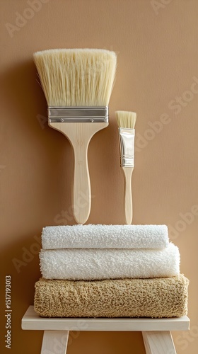 Two Paint Brushes Resting on a Stack of Soft Towels Against a Warm Brown Background