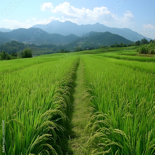 Lush Green Rice Paddy Fields with Mountain View Tranquil Asian Landscape Scenery