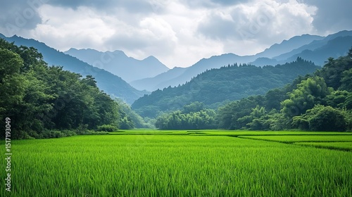Serene Asian Rice Paddy Fields Surrounded by Lush Green Mountains under a Cloudy Sky