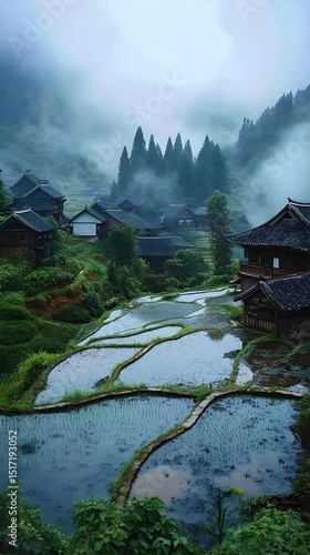 Misty Mountain Village Scenic Rice Terraces Asian Architecture Tranquil Landscape