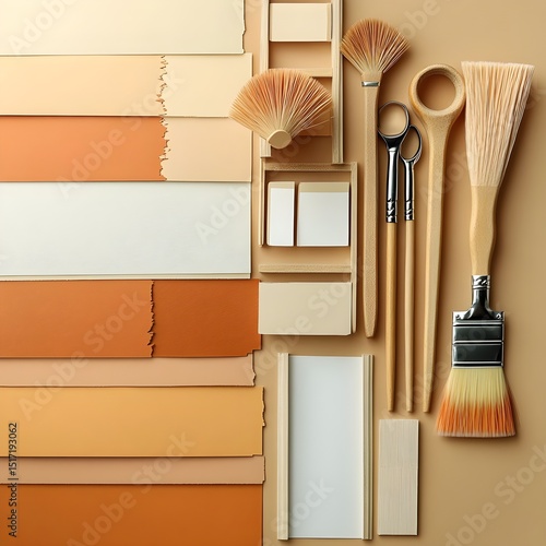 Warm Earth Tone Paint Color Swatches with Various Wooden Brushes for Interior Design Projects