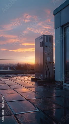 Rooftop Solar Panels and Modern Building Equipment at Sunset A stunning view of sustainable technology