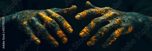 Close up image of two hands covered in dark teal and gold paint a dramatic artistic shot