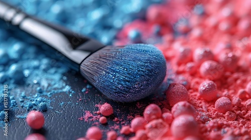 Close up of Makeup Brush with Blue and Pink Glitter Eyeshadow