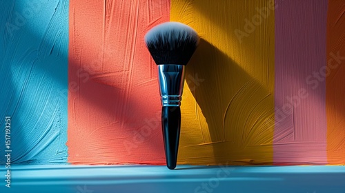 Stylish Makeup Brush on Vibrant Colorful Painted Background A Professional Cosmetic Tool