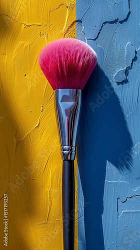 Professional Makeup Brush with Pink Bristles Against a Yellow and Blue Textured Background