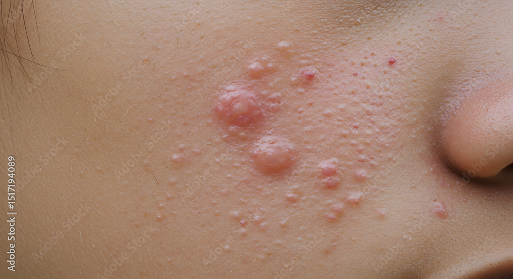 Fototapeta premium Close-up of inflamed acne vulgaris lesions on fair skin, showing papules and pustules.