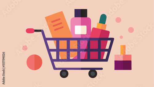 Beauty Bonanza A shopping cart filled with beauty products like skincare bottles makeup palettes and hair tools all set against a chic minimalist beauty store backdrop.