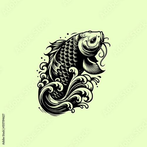 Koi Fish Swimming in Ocean Waves Vector Illustration in Traditional Japanese Tattoo Style on Green Background