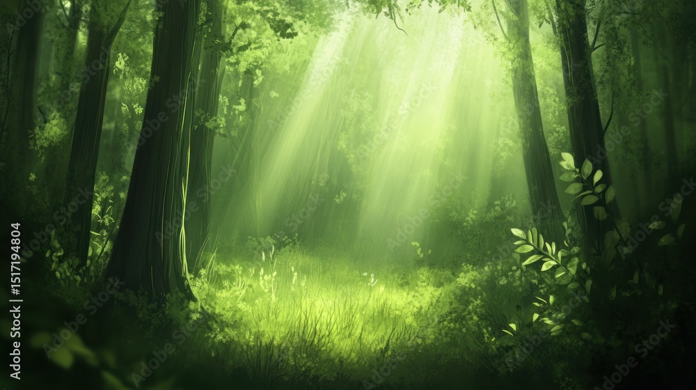 Obraz premium Sunlight streams through emerald forest