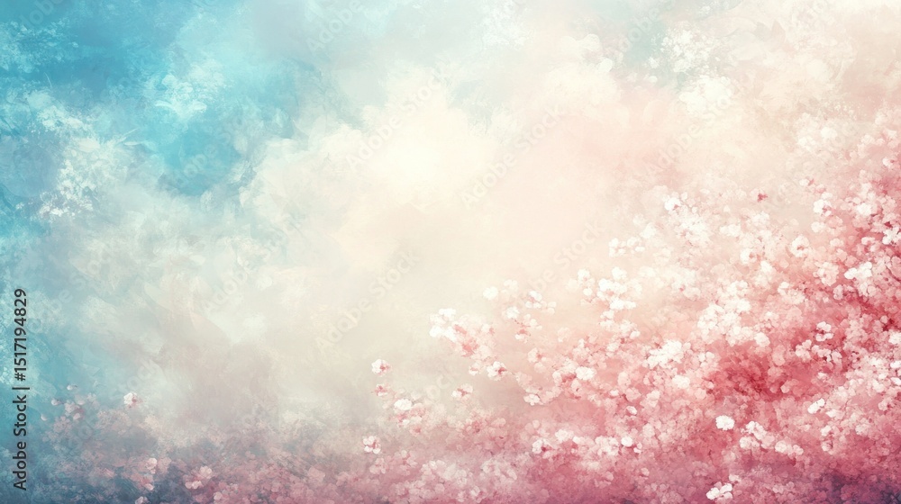 Obraz premium Pastel-toned spring blossoms against a soft sky. Delicate cherry blossoms fill the image, surrounded by a dreamy, colorful sky