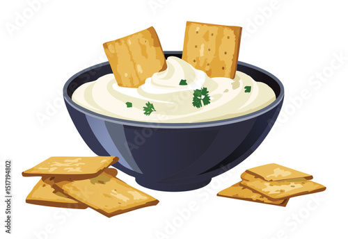 Creamy Dip in Dark Bowl with Crackers - Vector Illustration