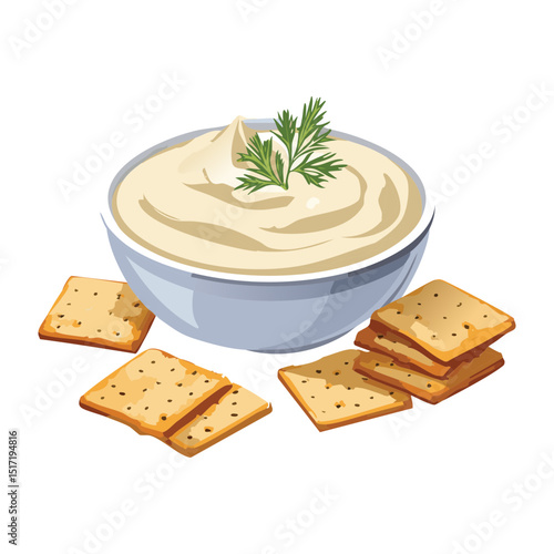  Delicious Creamy Dip with Crackers Snack - Vector Illustration