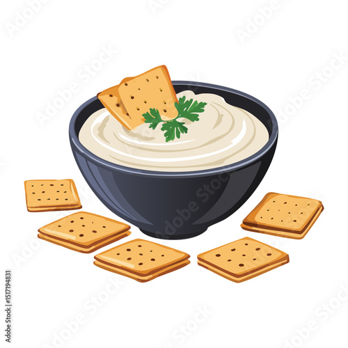 Delicious Creamy Dip with Crispy Crackers - Vector Illustration