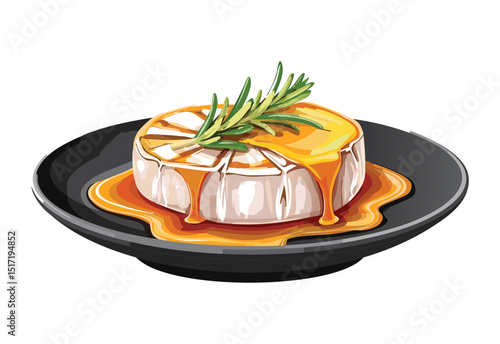 Baked Brie Cheese with Rosemary Garnish - Vector Illustration