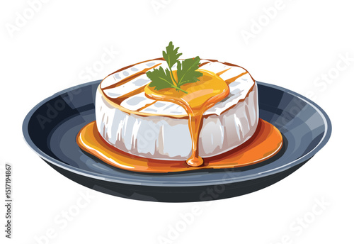 Golden Baked Camembert Cheese with Sauce - Vector Illustration