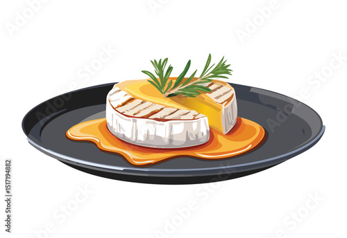 Baked Brie Cheese with Rosemary Herb - Vector Illustration