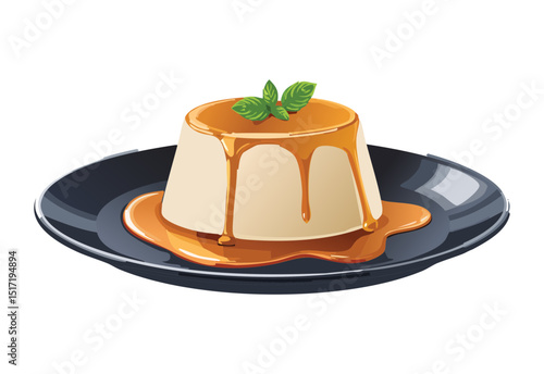 Caramel Pudding on Black Plate Delicious - Vector Illustration